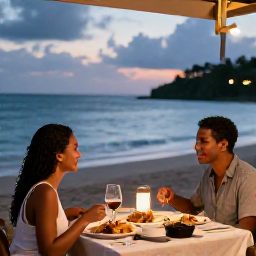 Caribbean Holidays, Grenada Couples Holidays, Couple dining at a relaxed beachfront restaurant in Grenada at dusk, with local food, soft lights and the sea behind them