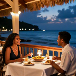 Caribbean Holidays, Grenada Couples Holidays, Couple dining at a relaxed seaside restaurant in Grenada at dusk, with Caribbean dishes and softly lit tables
