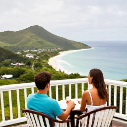 Caribbean Holidays, Grenada Couples Holidays, Couple enjoying a peaceful balcony view over Grenada&rsquo;s green hills and Caribbean coastline in September