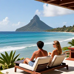 Caribbean Holidays, Grenada Couples Holidays, Couple enjoying a peaceful boutique hotel terrace overlooking the Caribbean Sea in Grenada