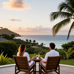 Caribbean Holidays, Grenada Couples Holidays, Couple enjoying a peaceful luxury hotel terrace overlooking the Caribbean Sea in Grenada, tropical greenery and sunset