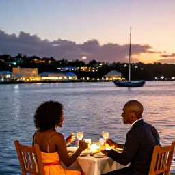 Caribbean Holidays, Grenada Couples Holidays, Couple enjoying a sunset dinner at a waterside restaurant in St George's, Grenada, harbour lights and Caribbean atmosphere