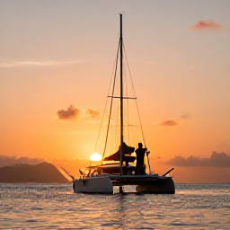 Caribbean Holidays, Grenada Couples Holidays, Couple enjoying a sunset sailing cruise off Grenada, with a catamaran, calm sea and orange evening sky