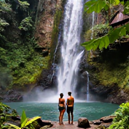 Caribbean Holidays, Grenada Couples Holidays, Couple exploring a lush Grenada rainforest beside a waterfall, tropical foliage, refreshing pool and scenic walking trail
