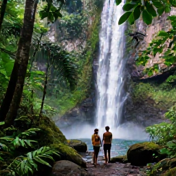 Caribbean Holidays, Grenada Couples Holidays, Couple exploring a lush Grenada rainforest trail near Concord Falls, tropical foliage, flowing waterfall and natural light