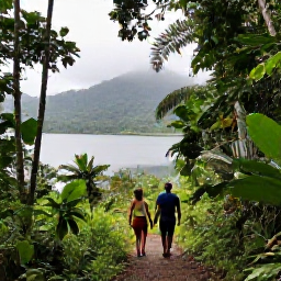 Caribbean Holidays, Grenada Couples Holidays, Couple exploring a lush rainforest trail near Grand Etang Lake in Grenada, tropical foliage and misty hills