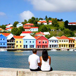 Caribbean Holidays, Grenada Couples Holidays, Couple exploring colourful St George's harbour in Grenada, with pastel buildings, boats and hillside streets