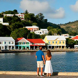 Caribbean Holidays, Grenada Couples Holidays, Couple exploring St George's Grenada, with colourful buildings, a picturesque harbour and hillside streets in warm daylight