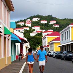 Caribbean Holidays, Grenada Couples Holidays, Couple exploring the colourful streets and harbour of St George's, Grenada, with historic buildings and hillside views