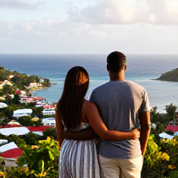 Caribbean Holidays, Grenada Couples Holidays, Couple overlooking St George's harbour in Grenada from a scenic viewpoint, colourful buildings, blue sea and warm afternoon light