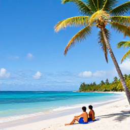 Caribbean Holidays, Grenada Couples Holidays, Couple relaxing beneath palm trees on Grand Anse Beach, Grenada, with clear water and a quiet sandy shoreline