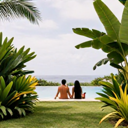 Caribbean Holidays, Grenada Couples Holidays, Couple relaxing in a comfortable Grenada hotel garden with tropical plants, a swimming pool and distant sea views
