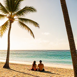 Caribbean Holidays, Grenada Couples Holidays, Couple relaxing on a quiet golden beach in Grenada in February, turquoise Caribbean Sea, palm trees and warm afternoon light