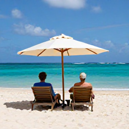 Caribbean Holidays, Grenada Couples Holidays, Couple relaxing on Grand Anse Beach in Grenada, lounging under a parasol beside clear blue Caribbean sea