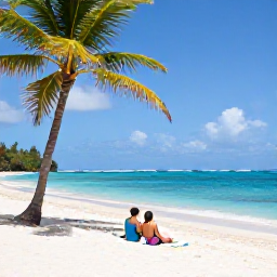 Caribbean Holidays, Grenada Couples Holidays, Couple relaxing on Grand Anse Beach in Grenada, white sand, clear blue water, palm trees and a quiet romantic setting