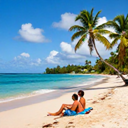 Caribbean Holidays, Grenada Couples Holidays, Couple relaxing on the golden sand of Grand Anse Beach, turquoise water and palm trees in Grenada, bright tropical daytime