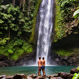 Caribbean Holidays, Grenada Couples Holidays, Couple standing beneath a waterfall in Grenada's tropical rainforest, surrounded by lush foliage and clear pools