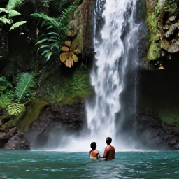 Caribbean Holidays, Grenada Couples Holidays, Couple swimming beneath a waterfall in Grenada's lush rainforest, tropical plants and natural pools