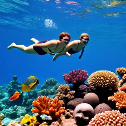 Caribbean Holidays, Grenada Couples Holidays, Couple swimming beside colourful coral and tropical fish in the clear waters of Molinere Underwater Sculpture Park, Grenada