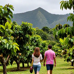 Caribbean Holidays, Grenada Couples Holidays, Couple visiting a lush Grenada spice plantation with cocoa pods, nutmeg trees and tropical mountain scenery