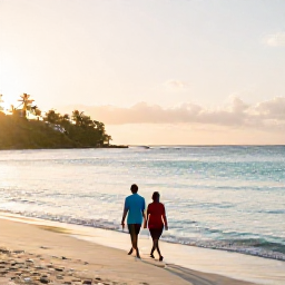 Caribbean Holidays, Grenada Couples Holidays, Couple walking along Grand Anse Beach in Grenada at sunrise, calm turquoise sea and soft golden light