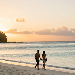 Caribbean Holidays, Grenada Couples Holidays, Couple walking hand in hand along Grand Anse Beach in Grenada at sunset, warm November light, calm turquoise sea