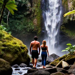 Caribbean Holidays, Grenada Couples Holidays, Couple walking through Grenada rainforest near a waterfall, lush tropical plants and warm daylight