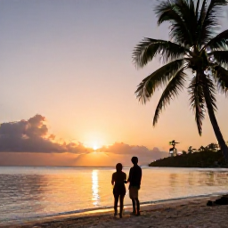 Caribbean Holidays, Grenada Couples Holidays, Couple watching a colourful sunset from a Grenada beach, calm sea, palm silhouettes and warm evening sky
