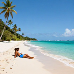 Caribbean Holidays, Grenada Couples Holidays, Grand Anse Beach in Grenada with a couple relaxing on white sand beside clear turquoise water and palm trees