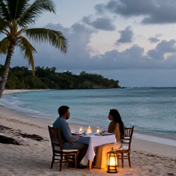 Caribbean Holidays, Grenada Couples Holidays, Romantic beachfront dinner for two in Grenada during December, soft lantern light, tropical evening and calm sea