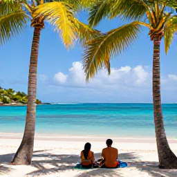 Caribbean Holidays, Grenada Couples Holidays, Romantic couple relaxing on Grand Anse Beach, Grenada, with palm trees, white sand and clear blue Caribbean water