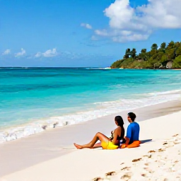 Caribbean Holidays, Grenada Couples Holidays, Romantic couple relaxing on Grand Anse Beach, Grenada, with soft white sand, turquoise water and a quiet tropical setting