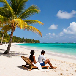 Caribbean Holidays, Grenada Couples Holidays, Romantic couple relaxing on Grand Anse Beach in Grenada, turquoise sea, soft white sand, sun loungers and palm trees