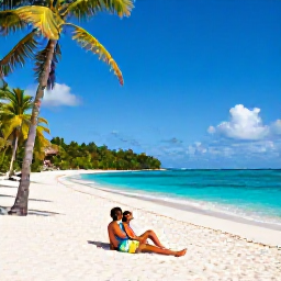 Caribbean Holidays, Grenada Couples Holidays, Romantic couple relaxing on the white sands of Grand Anse Beach, Grenada, with palm trees and clear Caribbean water