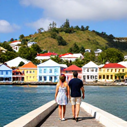 Caribbean Holidays, Grenada Couples Holidays, Romantic couple walking through colourful St George's Grenada, historic harbour, pastel buildings and tropical hills