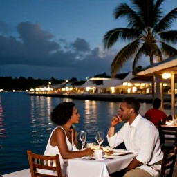 Caribbean Holidays, Grenada Couples Holidays, Romantic dinner for two at a waterfront restaurant in St George's, Grenada, tropical evening atmosphere and harbour lights