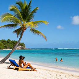 Caribbean Holidays, Grenada Couples Holidays, Romantic Grand Anse Beach in Grenada with sun loungers, palm trees and a couple swimming in clear blue water
