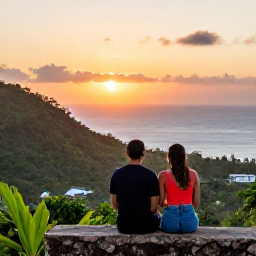 Caribbean Holidays, Grenada Couples Holidays, Romantic Grenada holiday scene with a couple enjoying a sunset from a scenic viewpoint over tropical hills and the Caribbean Sea