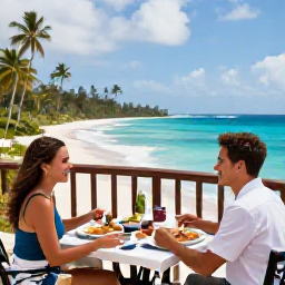 Caribbean Holidays, Grenada Couples Holidays, Romantic Grenada hotel balcony overlooking a tropical beach and turquoise Caribbean sea, couple's breakfast setting