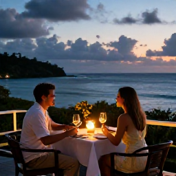 Caribbean Holidays, Grenada Couples Holidays, Romantic Grenada restaurant terrace overlooking the Caribbean Sea at dusk, couple dining by candlelight