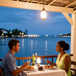 Caribbean Holidays, Grenada Couples Holidays, Romantic Grenadian dinner for two at a waterfront restaurant in St George's, local food, soft evening lighting and harbour views
