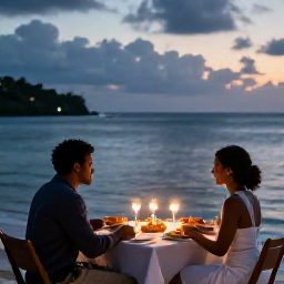 Caribbean Holidays, Grenada Couples Holidays, Romantic open-air dinner for two beside the sea in Grenada at dusk, with local Caribbean food and soft lights