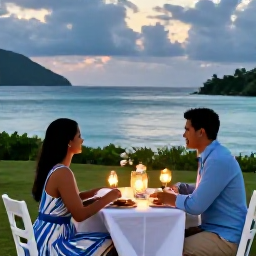 Caribbean Holidays, Grenada Couples Holidays, Romantic outdoor dinner for two in Grenada, lanterns, local Caribbean food and a view of the sea at dusk