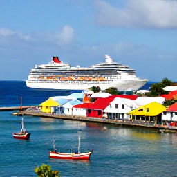Caribbean Holidays, Grenada Cruises, Colourful St George's harbour in Grenada with waterfront buildings, fishing boats and a cruise ship in the bay