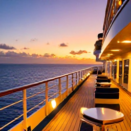 Caribbean Holidays, Grenada Cruises February, A relaxed evening on a Caribbean cruise ship near Grenada, with sunset over the sea and warm lights on deck