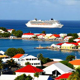 Caribbean Holidays, Grenada Cruises February, Colourful St George's harbour in Grenada viewed from above, with pastel buildings, a cruise ship and blue sea