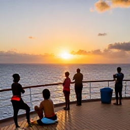Caribbean Holidays, Grenada Cruises January, Cruise passengers enjoying an open-air Caribbean sunset from the deck of a ship near Grenada