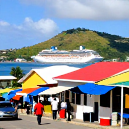 Caribbean Holidays, Grenada Cruises January, Visitors walking beside colourful buildings and market stalls in St George's, Grenada, with the harbour and hillside in the background
