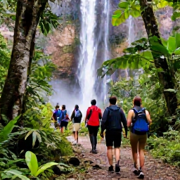 Caribbean Holidays, Grenada Cruises, Tropical waterfall and lush rainforest in Grenada with a guided group walking along a forest trail
