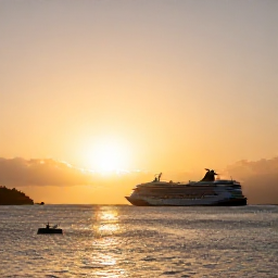 Caribbean Holidays, Grenada Cruises, Warm sunset over Grenada's coastline with a cruise ship leaving St George's harbour